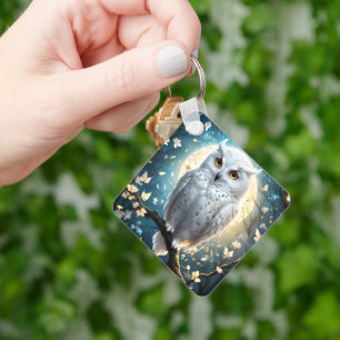 Snowy Owl And Moon With Sparkle, Key Ring