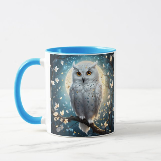 Snowy Owl And Moon With Sparkle, Mug (Left)
