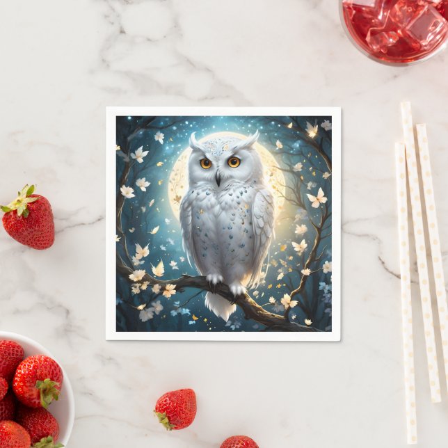 Snowy Owl And Moon With Sparkle, Napkin (Insitu)
