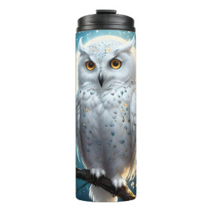 Snowy Owl And Moon With Sparkle, Thermal Tumbler