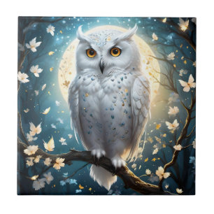 Snowy Owl And Moon With Sparkle, Tile