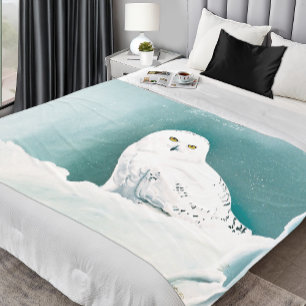 Snowy Owl Arctic Winter Sky Snow Teal Fleece Blanket