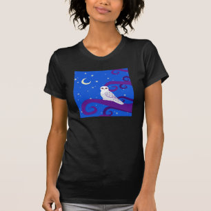 Snowy Owl Crescent Moon Night Forest Art T-Shirt