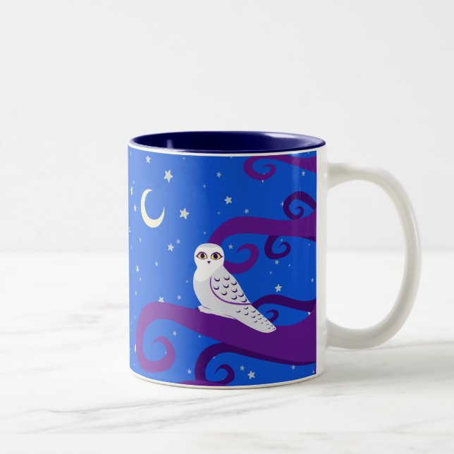 Snowy Owl Crescent Moon Night Forest Art Two-Tone Coffee Mug (Right)