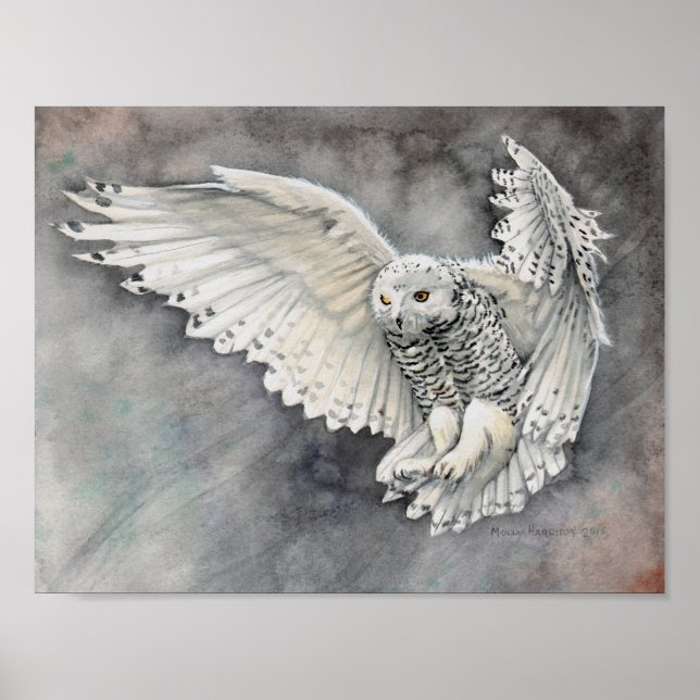 Snowy Owl Descent Watercolor Wildlife Artwork Poster (Front)