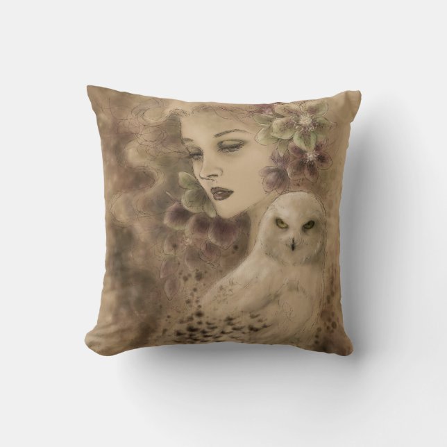 Snowy Owl Fantasy Illustration Pillow (Front)