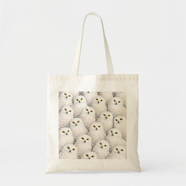 Snowy Owl Flock Pattern with Golden Eyes Tote Bag (Front)