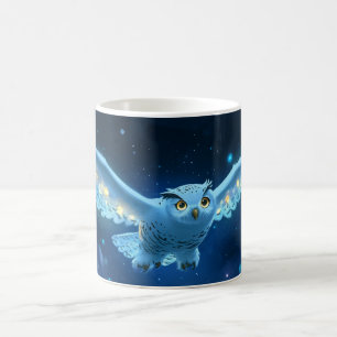 snowy owl flying in the night sky. coffee mug