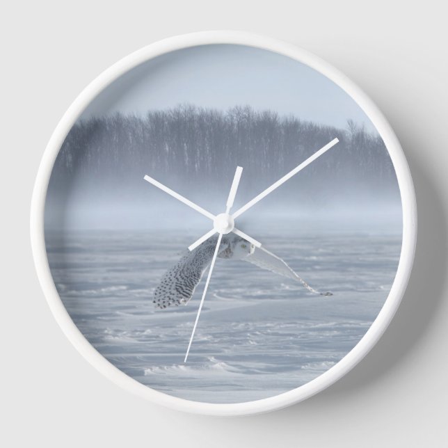 Snowy Owl Flying In Winter Clock (Front)