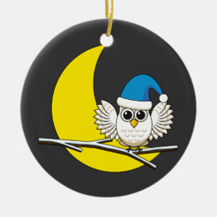 Snowy Owl in a New Moon Winter Night Ceramic Tree Decoration