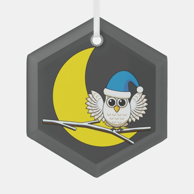 Snowy Owl in a New Moon Winter Night Glass Tree Decoration (Front)