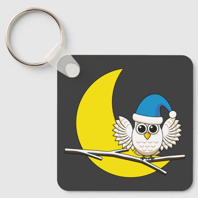 Snowy Owl in a New Moon Winter Night Key Ring (Front)
