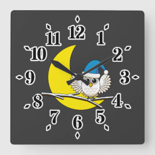 Snowy Owl in a New Moon Winter Night Square Wall Clock