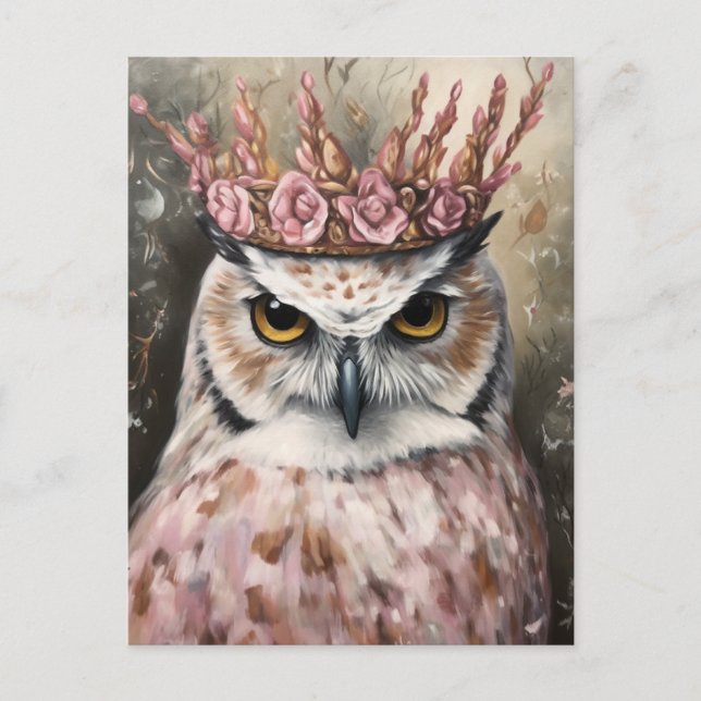 Snowy Owl in a Pink Floral Crown Postcard (Front)