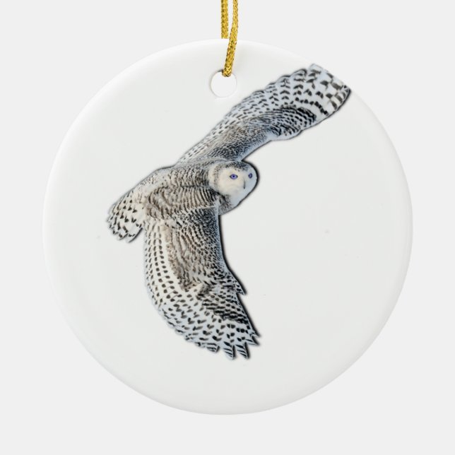 Snowy Owl in Flight Ceramic Tree Decoration (Front)