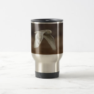 Snowy owl in flight travel mug