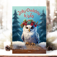 Snowy Owl in Forest Rustic Jolly Owliday Wishes
