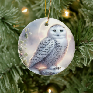 Snowy Owl in Moonlit Winter Garden Ceramic Tree Decoration