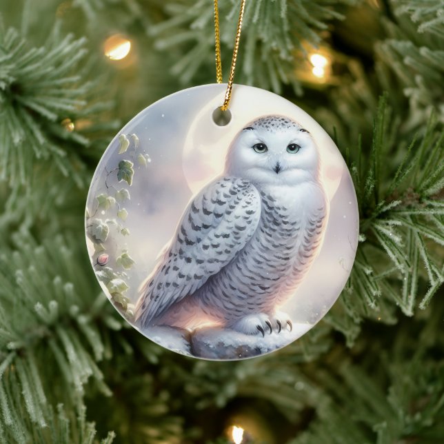 Snowy Owl in Moonlit Winter Garden Ceramic Tree Decoration (Tree)