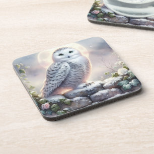 Snowy Owl in Moonlit Winter Garden Coaster