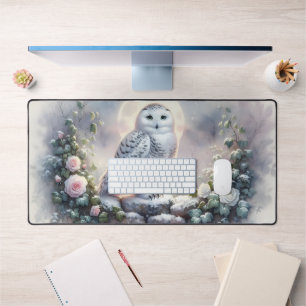 Snowy Owl in Moonlit Winter Garden Desk Mat