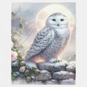 Snowy Owl in Moonlit Winter Garden Fleece Blanket