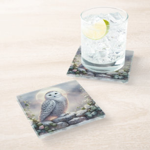 Snowy Owl in Moonlit Winter Garden Glass Coaster