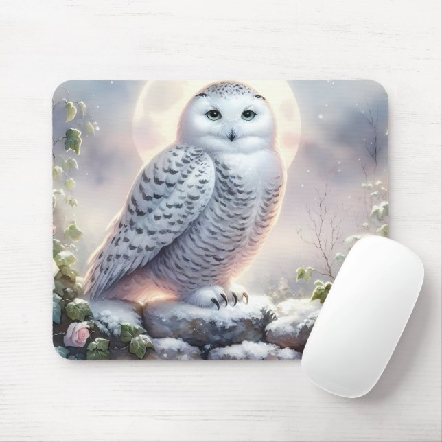 Snowy Owl in Moonlit Winter Garden Mouse Mat (With Mouse)