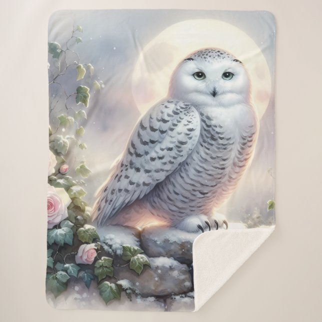 Snowy Owl in Moonlit Winter Garden Sherpa Blanket (Front)