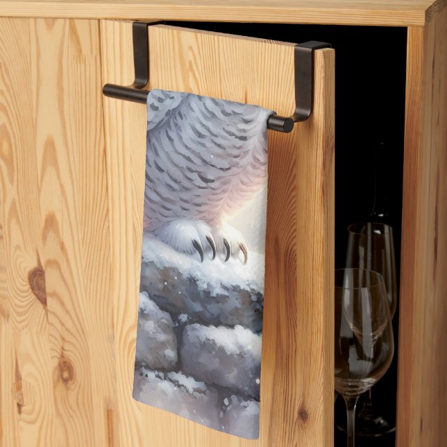 Snowy Owl in Moonlit Winter Garden Tea Towel (Thirds Fold)