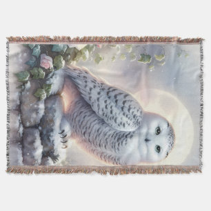 Snowy Owl in Moonlit Winter Garden Throw Blanket