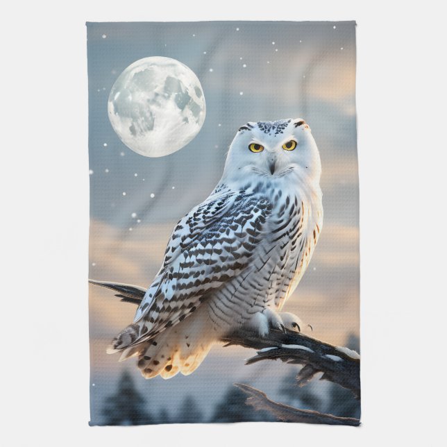 Snowy Owl in Winter Moonlight with Snow Falling Tea Towel (Vertical)