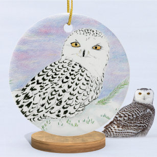Snowy Owl In Winter Sunset Colour Pencil  Ceramic Tree Decoration