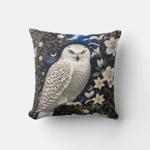 Snowy Owl Moonlight Moonflowers Cushion