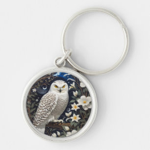Snowy Owl Moonlight Moonflowers Key Ring