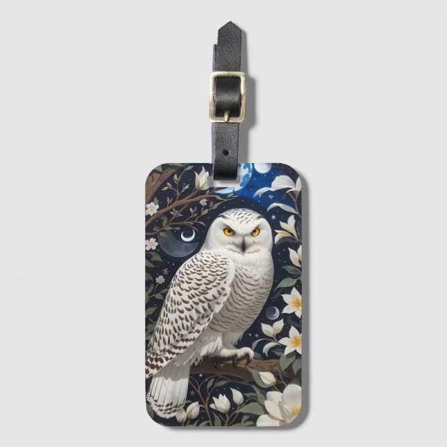 Snowy Owl Moonlight Moonflowers Luggage Tag (Front Vertical)