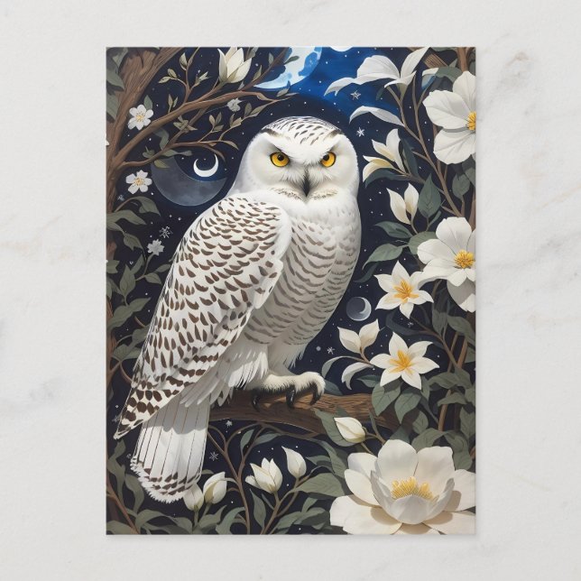 Snowy Owl Moonlight Moonflowers Postcard (Front)