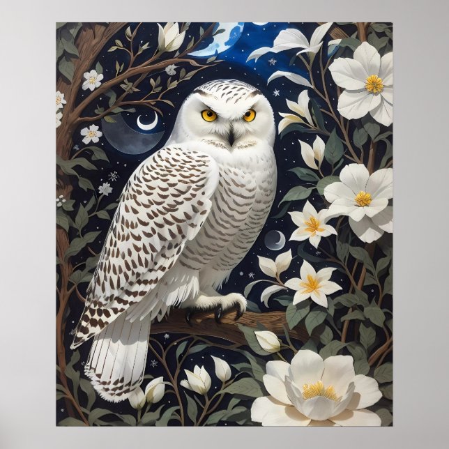 Snowy Owl Moonlight Moonflowers Poster (Front)