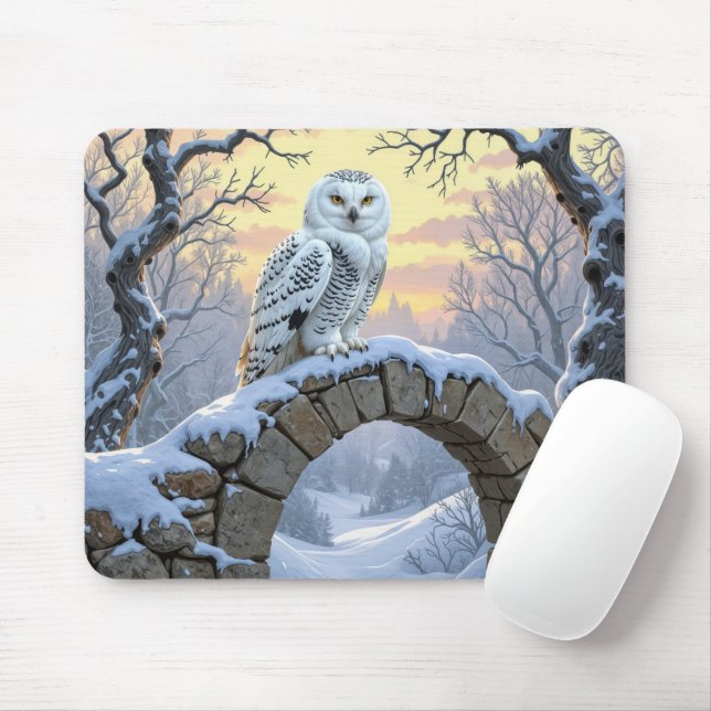 Snowy Owl On a Stone Arch Mouse Mat (With Mouse)