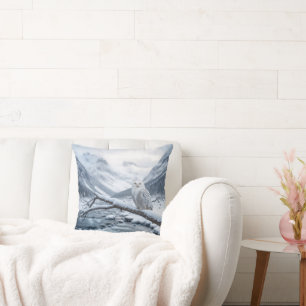 Snowy Owl On a Winter Tree Branch Cushion