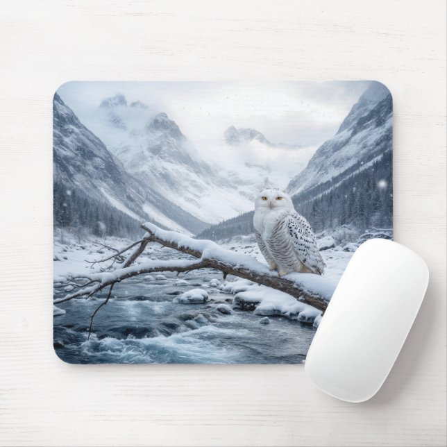Snowy Owl On a Winter Tree Branch Mouse Mat (With Mouse)