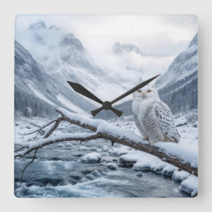 Snowy Owl On a Winter Tree Branch Square Wall Clock