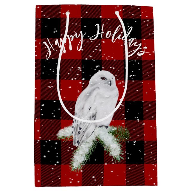 Snowy Owl On Buffalo Plaid  Medium Gift Bag (Front)