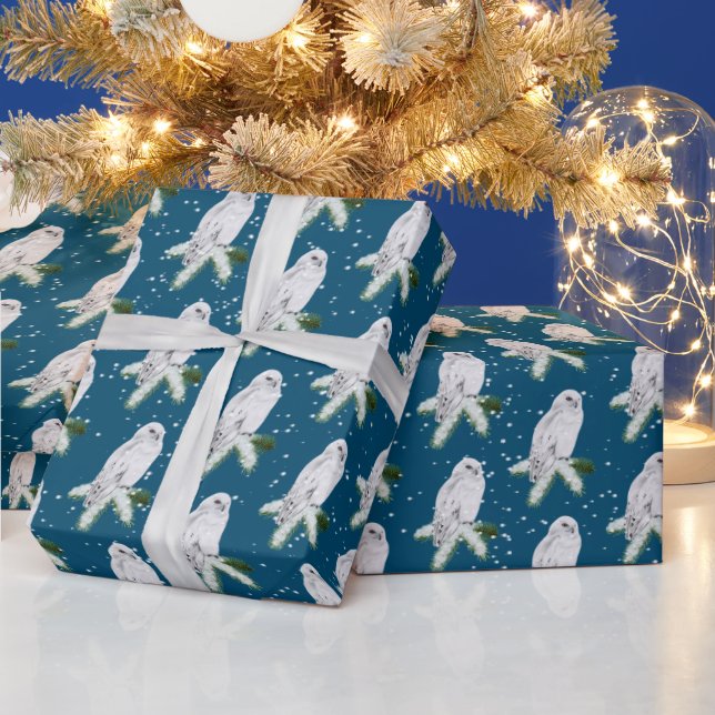 Snowy Owl On Pine  Wrapping Paper (Holidays)