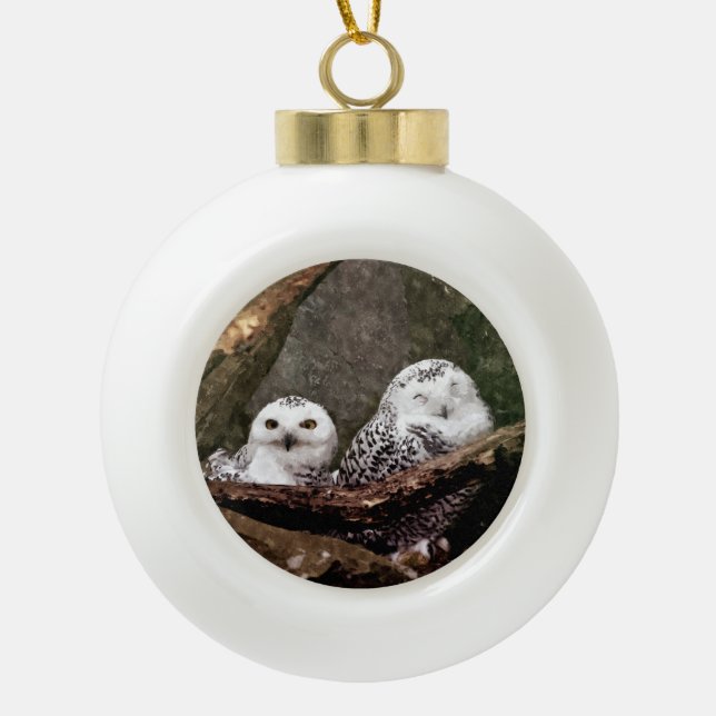 Snowy Owl Pair Woodland Wildlife Art Ceramic Ball Christmas Ornament (Front)