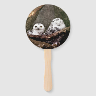Snowy Owl Pair Woodland Wildlife Art Hand Fan