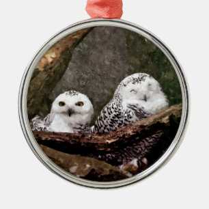 Snowy Owl Pair Woodland Wildlife Art Metal Tree Decoration