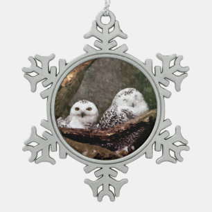 Snowy Owl Pair Woodland Wildlife Art Snowflake Pewter Christmas Ornament