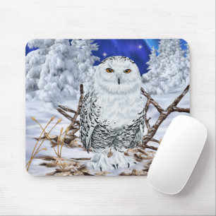 Snowy Owl Perched in Winter Wonderland With Snow Mouse Mat