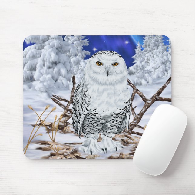 Snowy Owl Perched in Winter Wonderland With Snow Mouse Mat (With Mouse)